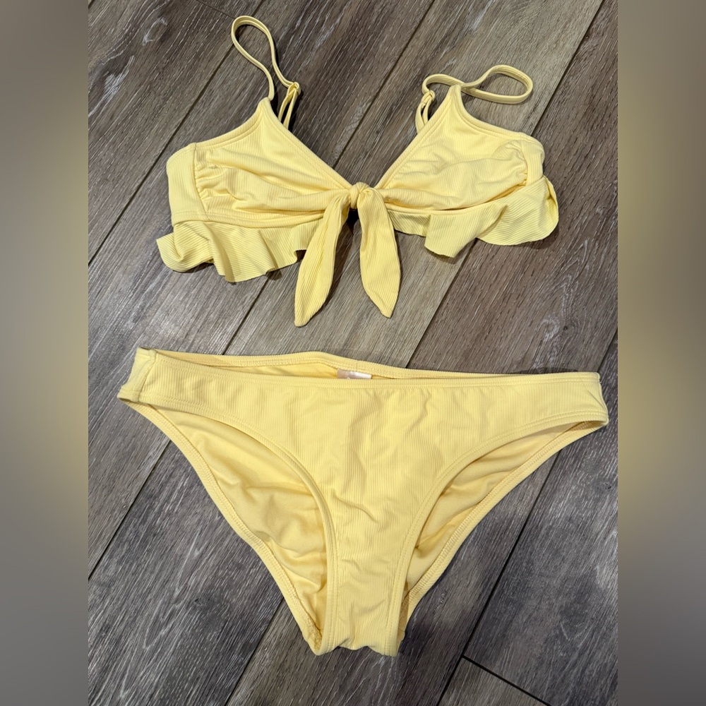 Yellow Tie Front Ribbed Bikini Set